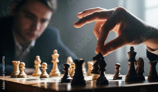 Fototapeta  A close-up, intense shot of a chess game in progress, with a hand decisively moving a black knight, a classic symbol of strategy, intelligence, and competition.