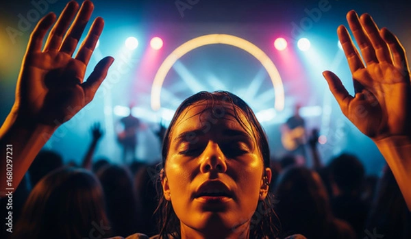 Fototapeta A person in a massive concert crowd looks up in awe, their face illuminated by vibrant stage lights, with hands raised in a moment of pure musical ecstasy.