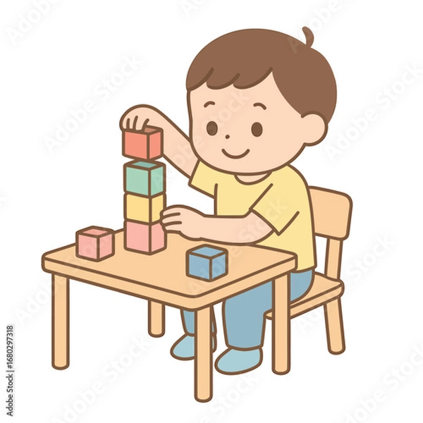 Obraz Boy building tower with block toys, clean flat vector design