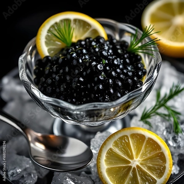 Fototapeta Premium Black Caviar in Crystal Dish with Lemon and Dill