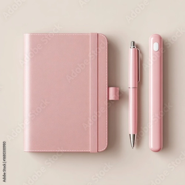 Fototapeta Flat lay of a pink notebook and pen