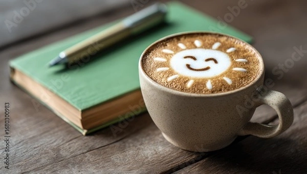 Fototapeta A cup of cappuccino with a sun design, next to a notebook and pen