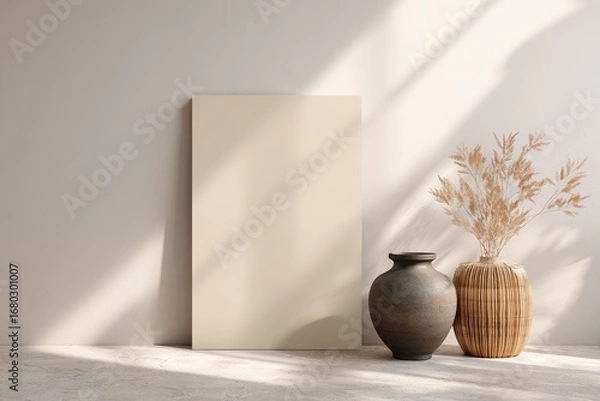 Fototapeta Minimalist display with beige canvas, 2 vases, and dried plants