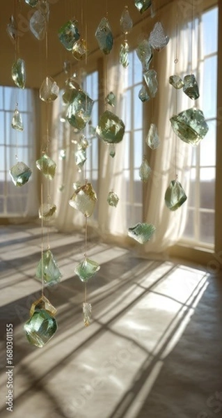 Fototapeta Glass shards, light, and shadows, hanging from ceiling, in a sunlit room with sheer curtains