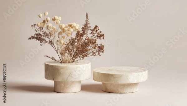 Fototapeta Two light beige, marbled, circular pedestals, displaying a bunch of dried cream and brown flowers