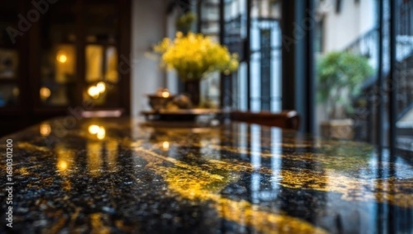 Fototapeta Polished black granite countertop, reflecting light, blurred interior