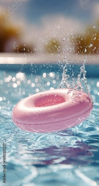 Fototapeta Pink donut-shaped inflatable toy splashing in a pool