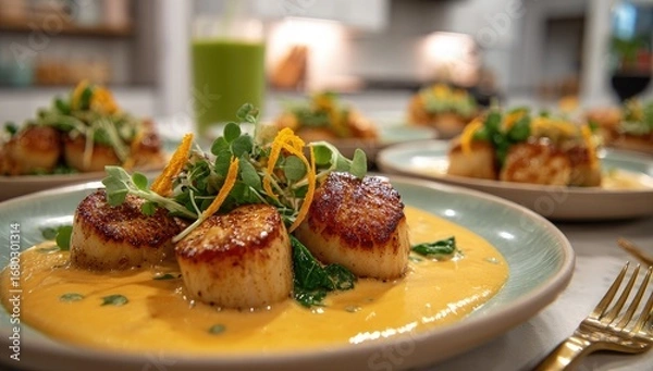 Fototapeta Seared scallops in creamy sauce, garnished with microgreens and citrus
