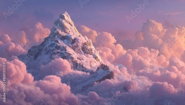 Fototapeta Snowy mountain peak, surrounded by soft pink clouds, golden light