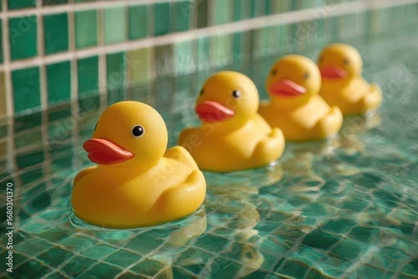 Fototapeta Four yellow rubber ducks in a row on water, teal tiled background