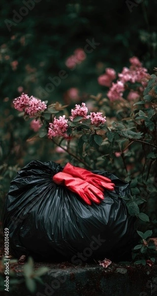 Fototapeta Black garbage bag with red gloves resting on it, surrounded by pink flowers