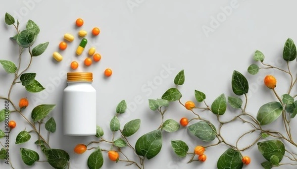 Fototapeta White supplement bottle with colorful pills surrounded by greenery on a light gray background