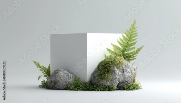 Fototapeta White cube pedestal with rocks and ferns on a light gray background