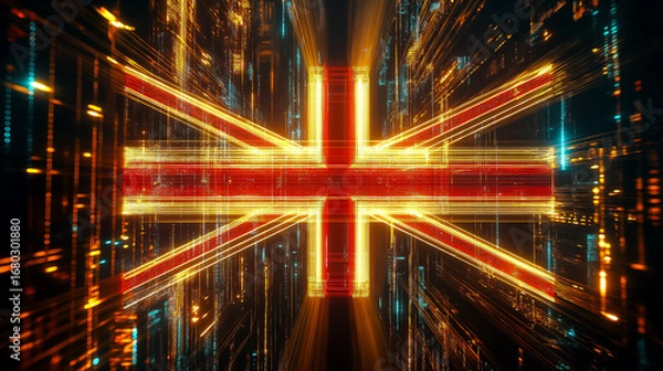 Fototapeta Futuristic United Kingdom Flag Glowing Neon Grid Technology Representation Design