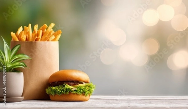 Fototapeta Fast food, fries, and burger on a table