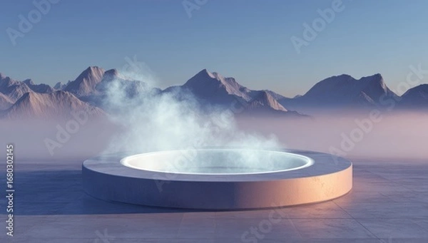 Fototapeta Circular, light gray platform with a steaming, circular pool, set against a backdrop of misty, snow-capped mountains