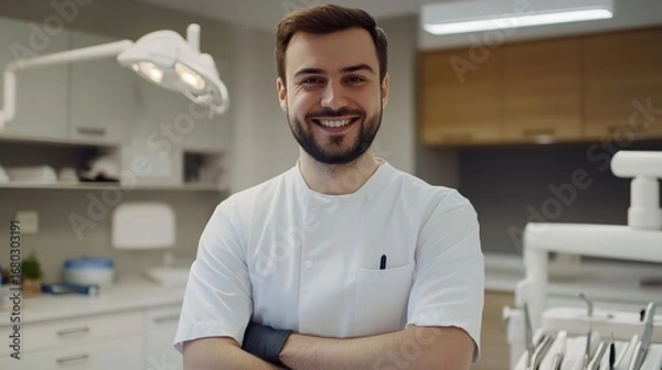 Fototapeta Young male dentist smiling in dental clinic with copy space on bright white background