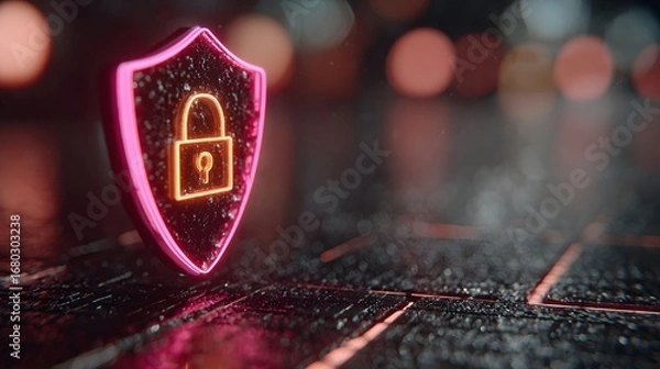 Fototapeta Cyber security shield with lock icon for data protection and online safety