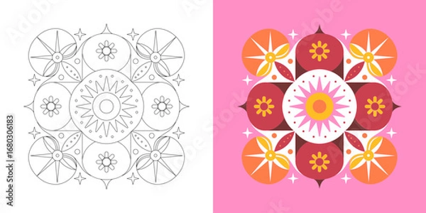 Fototapeta Symmetrical Floral Geometric Pattern in Two Variations a Black and White Line Drawing and a Colorful Abstract Design