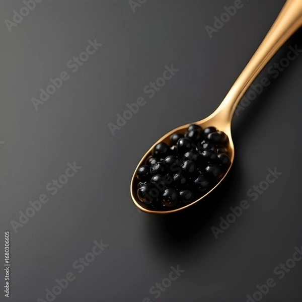 Fototapeta Golden Spoon with Black Caviar on Matte Black Surface
