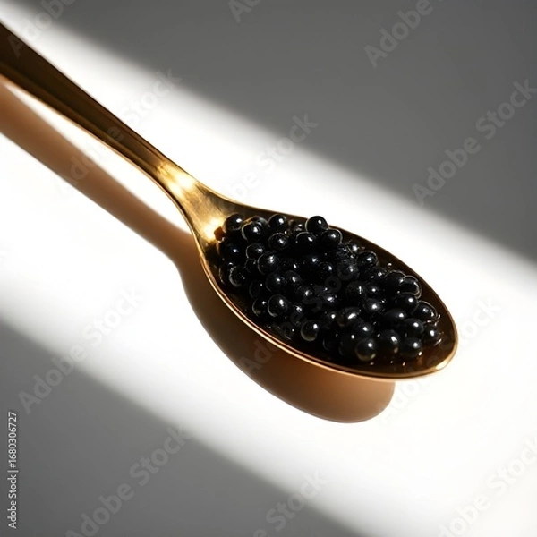Fototapeta Golden Spoon with Black Caviar on white Black Surface
