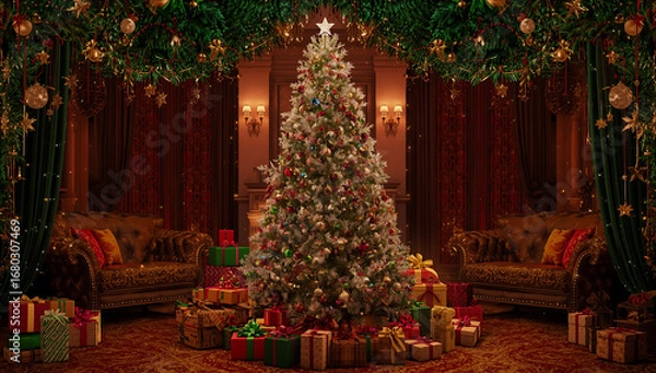 Fototapeta A Majestic Christmas Tree Adorned with Festive Ornaments and Surrounded by Beautifully Wrapped Presents on a Dark Wooden Floor ai generative