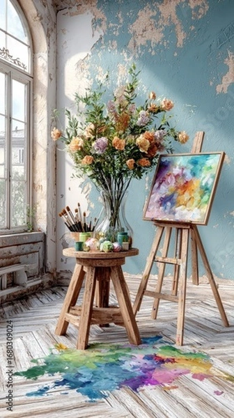 Obraz Artist's Studio with Flower Arrangement and Abstract Painting