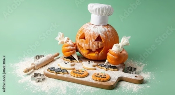 Fototapeta Halloween baking scene with pumpkin chef and cookies on a wooden cutting board
