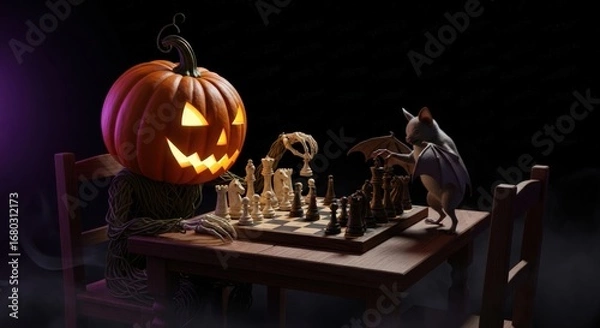 Fototapeta Pumpkin headed scarecrow and bat playing chess in a spooky halloween scene