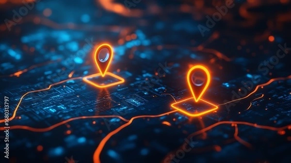Fototapeta Digital map displaying a location with two pins set, representing AI technology in GPS, innovation in delivery services, and map location for future transport logistics