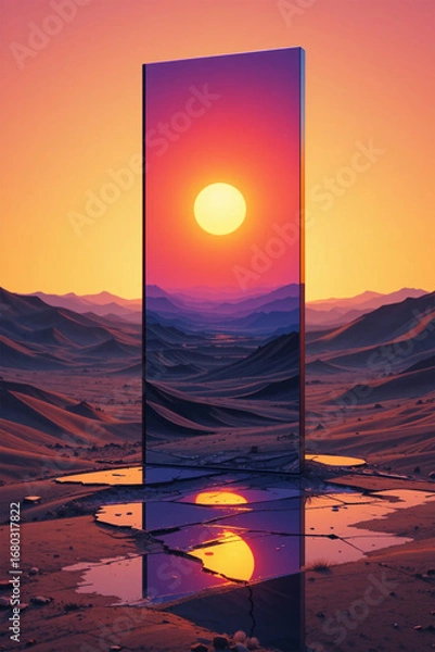Fototapeta Large mirror is Reflecting Sunset in Desert Landscape