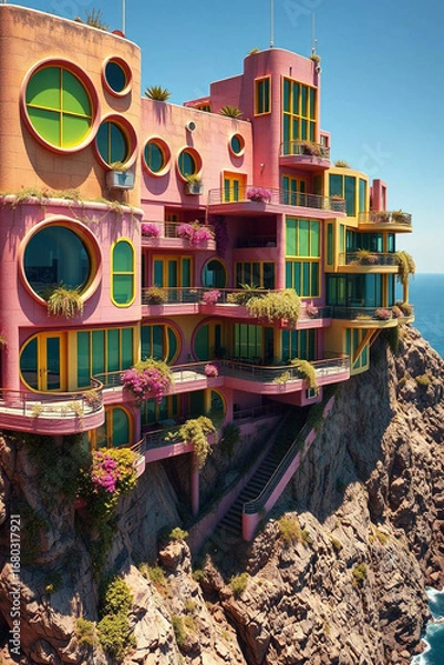 Fototapeta Surreal Multi-Level Terraces Overlooking Ocean with Futuristic Architecture