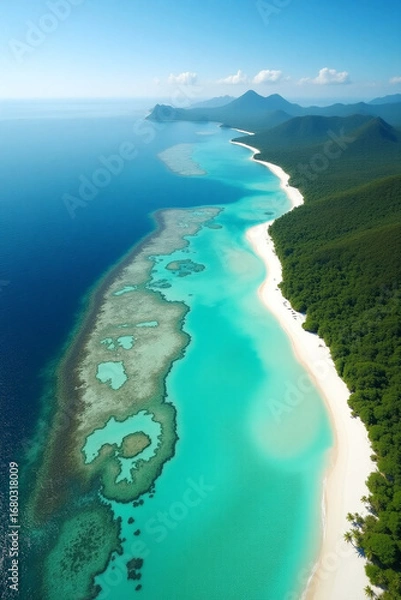 Fototapeta Aerial View of Tropical Beach with Lush Green Forest