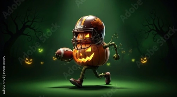 Fototapeta Pumpkin football player running with the ball in a spooky halloween scene