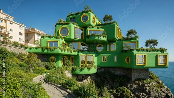 Fototapeta Surreal Multi-Level Terraces Overlooking Ocean with Futuristic Architecture