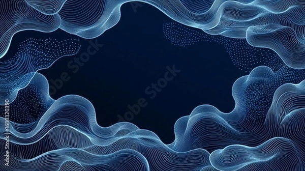 Obraz Blue wispy lines and dots create a wavy, cloud-like abstract frame against a dark background