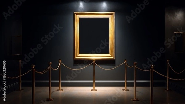 Fototapeta Mockup black blank space in vertical gold wooden square frame hanging isolated on dark background behind display stanchions Empty single vintage golden rectangular frame in museum.