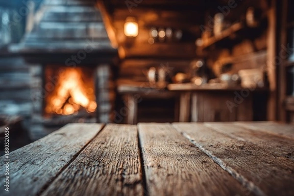 Fototapeta Rustic wooden table in front of a cozy cabin interior with a fireplace