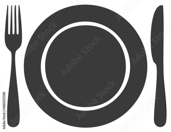 Fototapeta Stylized dinner setting with dark grey plate fork and knife icon graphic design element