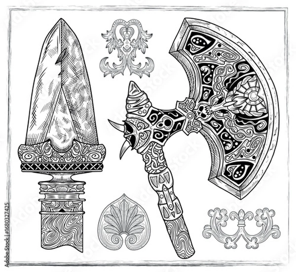 Fototapeta Old fantasy engraved illustration with decorated viking spear and axe isolated on white. Vector line art drawings, adventure medieval symbols and patterns