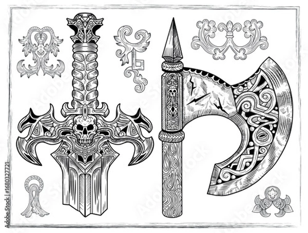 Fototapeta Old fantasy engraved illustration with viking axe and decorated sword isolated on white. Vector line art drawings, adventure medieval symbols