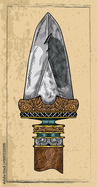 Fototapeta Old fantasy engraved illustration of decorated spear against textured background. Vector line art drawing, adventure medieval symbol
