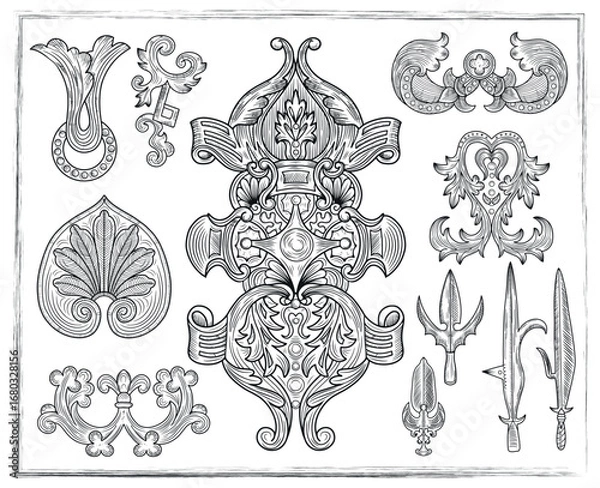 Fototapeta Old fantasy engraved illustration with gotic and celtic decorations isolated on white. Vector line art drawings, medieval ornated symbols