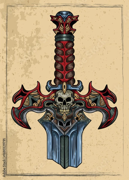 Fototapeta Old fantasy engraved illustration of decorated sword against textured background. Vector line art drawing, adventure medieval symbol
