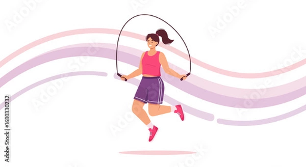 Fototapeta Animated Woman Exercising With Jump Rope Vector With Abstract And Energetic Background