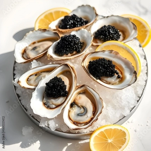 Fototapeta Fresh Oysters on Ice with Black Caviar and Lemon Wedges