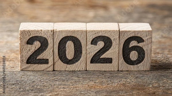 Fototapeta Wooden Blocks Displaying the Year 2026 on Rustic Surface