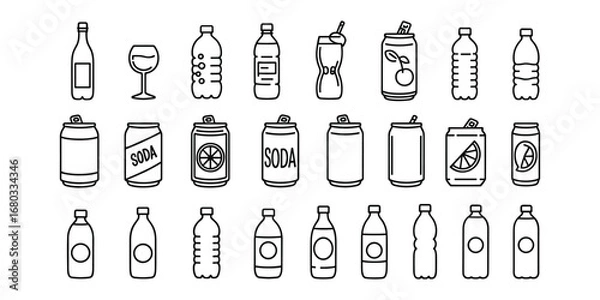 Fototapeta Assortment of Beverage Bottles and Cans Line Art Icons on White Background wine bottle glass