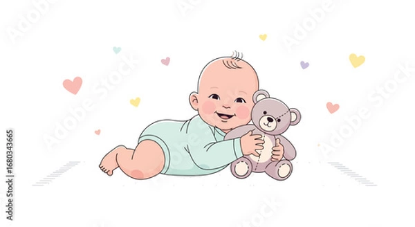 Fototapeta Adorable baby cuddling a teddy bear with hearts, perfect for children's related projects