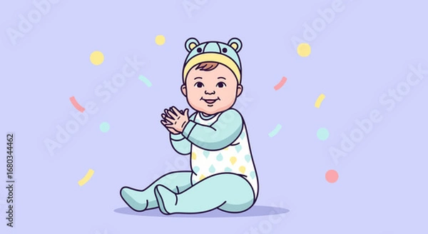 Fototapeta Adorable baby in a cute animal outfit clapping hands, sitting smiling, on purple background